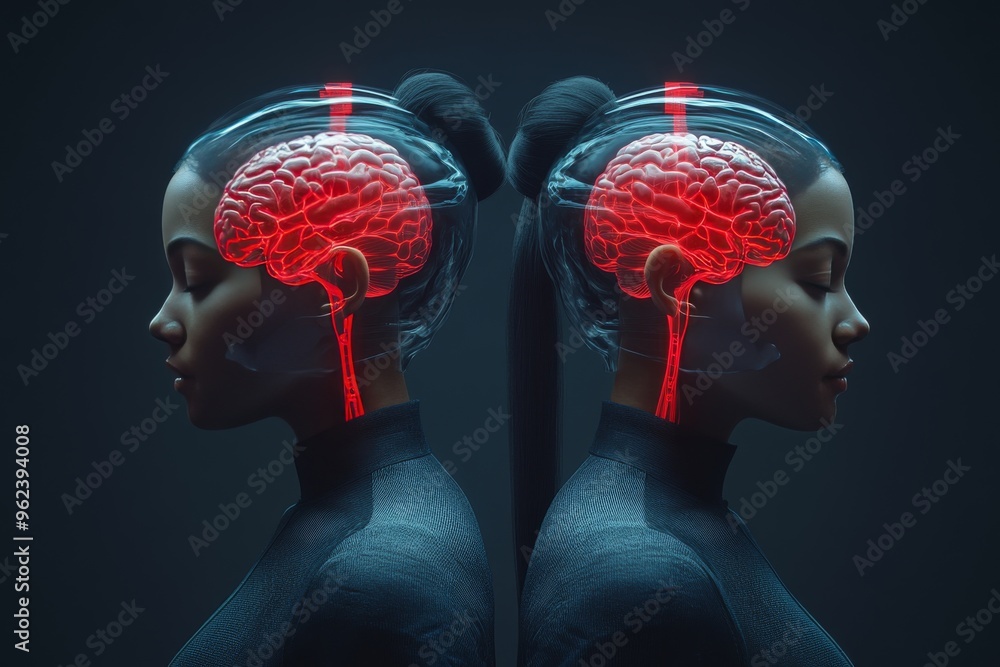 Poster brain strength capacity mirrored profiles with glowing brains representing the synchronicity and har