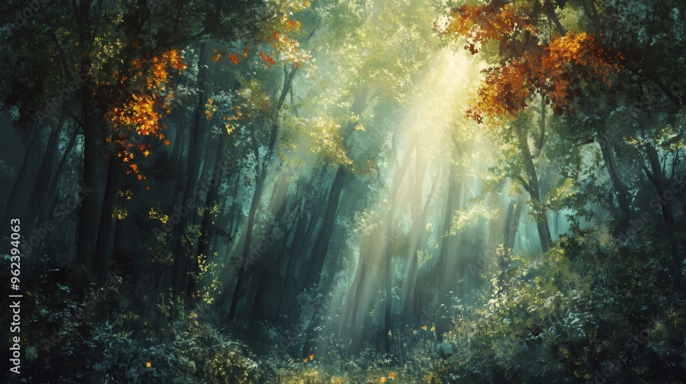 Poster sunlight filtering through trees in a misty forest with colorful autumn leaves.