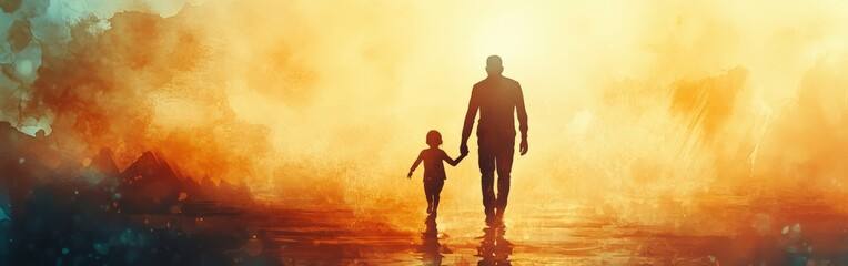 Fototapeta premium Silhouette of Parent and Child Walking in Watercolor