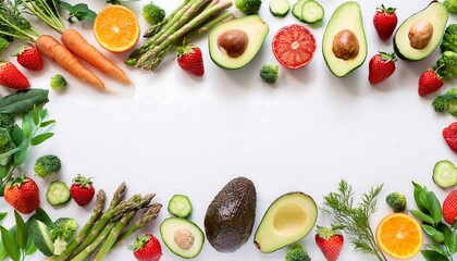 Naklejka premium Fresh Vegan Ingredients Fame - top down view illustration with an elegant border of various vegetables and fruits - avocados, strawberries, carrots, and leafy greens. Graphic artwork illustration