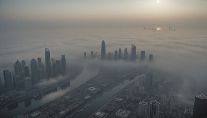 Fototapeta premium View from far above of a city shrouded in haze due to industrial air pollution, fine dust and exhaust pollution in urban centers