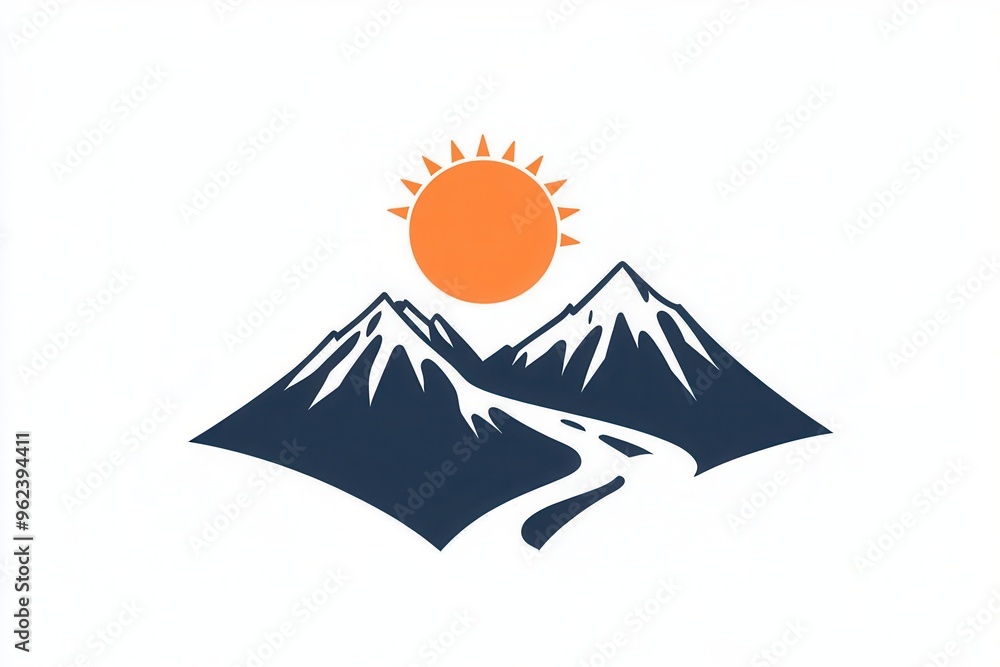 Poster a minimalist design showcases snow-capped mountains illuminated by a rising sun, set against a tranq