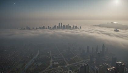 View from far above of a city shrouded in haze due to industrial air pollution, fine dust and exhaust pollution in urban centers