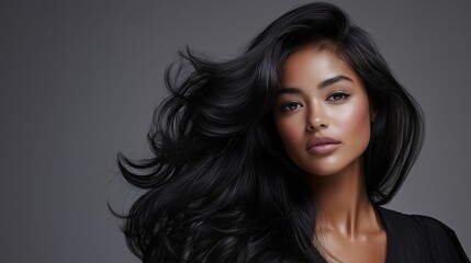 Naklejka premium A beautiful model with long black hair styled in loose waves and wearing a sleek top against a grey background for beauty product advertising