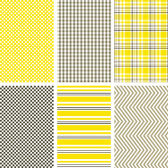 Yellow and grey seamless repeating patterns. Coordinating print set for backgrounds, borders, textiles, apparel, paper products, scrapbooking, gift wrap, and more. 