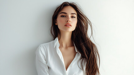 Obraz premium Serene Beautiful Woman in Minimalist White Fashion