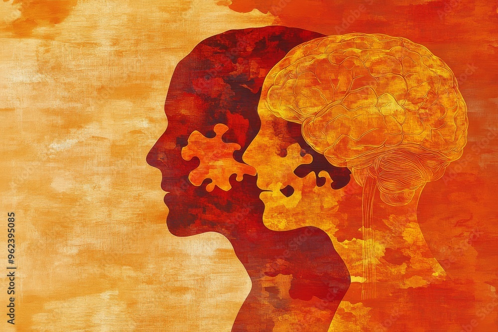 Poster brainpower capacity abstract human profiles with puzzle pieces illustrating the process of piecing t