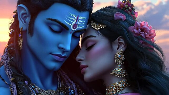 Radha and Lord Krishna hugging on sunrise. Krishna Janmashtami, Govardhan Puja. Hindu god and goddess. Symbol of divine love. Indian culture and religious concept