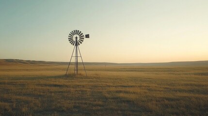 Solitary Windmill in Expansive Prairie, a tranquil scene of a lone windmill standing against a backdrop of endless blue skies and rolling grasslands, evoking peace and solitude.