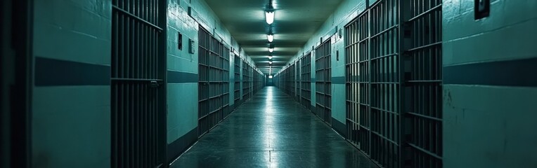 Obraz premium Desolate Prison Corridor with Metal Bars and Dim Lighting
