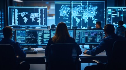 Three people sitting at a desk looking at computer screens with blue coding data.