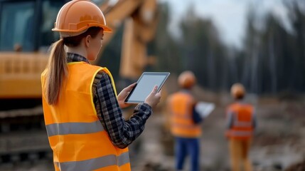 A female construction worker in a safety vest and hard hat uses a tablet to oversee operations at a construction site with machinery