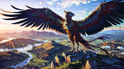 An anime depiction of a griffin perched on a mountain peak