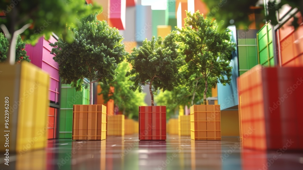 Poster a digital scene depicting colorful trees in a futuristic urban setting with reflective surfaces and 