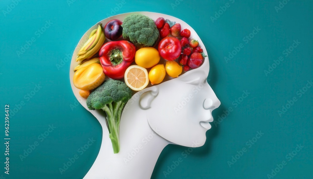 Wall mural  Human brain made of fruits and vegetables. Concept of nutritious foods for brain health. Generated image