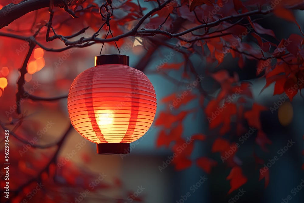 Poster a glowing red lantern hangs from a tree branch surrounded by vibrant autumn leaves during dusk in a 