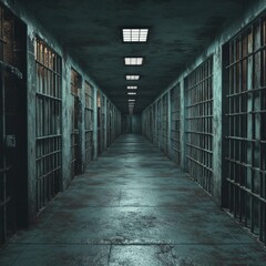 Desolate Prison Corridor with Metal Bars and Dim Lighting