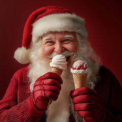 Playful Santa Claus holding two ice cream cones with vanilla and strawberry flavors against red background