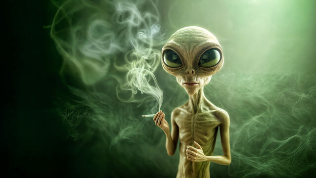 Illustration of an alien smoking marijuana, against a green background