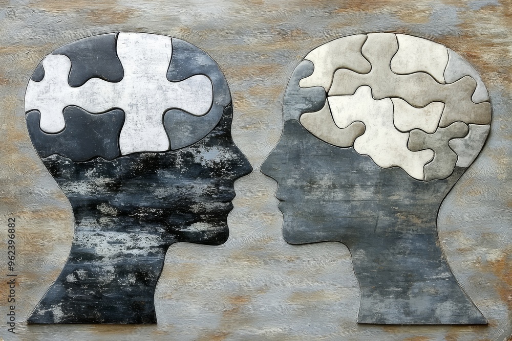 Aufkleber brain framework mental center puzzle piece heads facing each other symbolizing the complexity of hum
