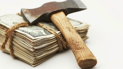 Naklejka premium Close-up of a stack of dollar bills tightly bound with rope and an aged hammer on top, set against a clean white background, representing financial challenges or economic issues.