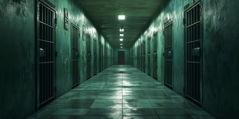 Desolate Prison Corridor with Metal Bars and Dim Lighting