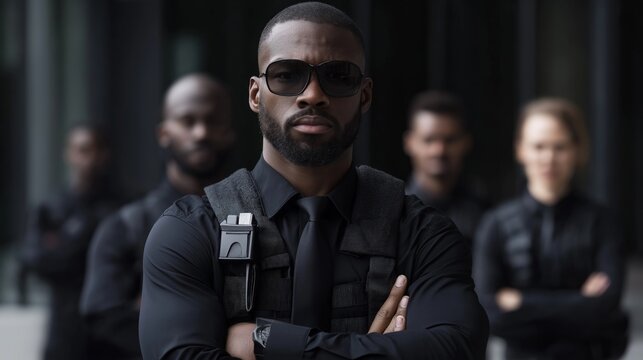 Experienced security guard with a team of bodyguards keeping a close watch
