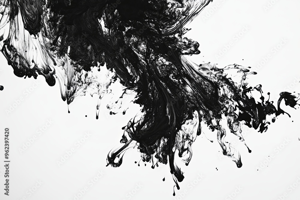 Poster dynamic black ink splash creating an abstract pattern on a white background during artistic activiti