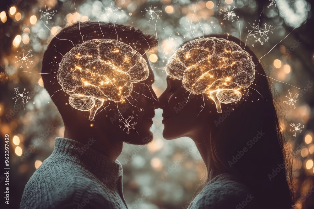 Poster brain architecture mental center two human heads with illuminated brains facing each other in a natu