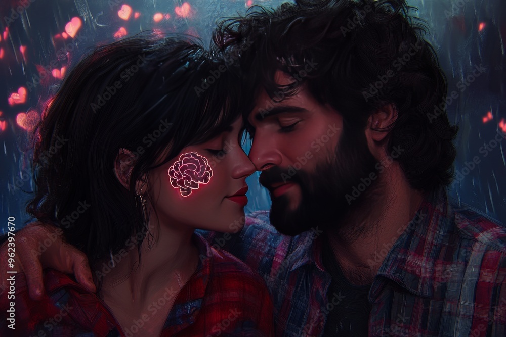 Poster neural processors mental center couple with glowing brains symbolizing the deep connection and share