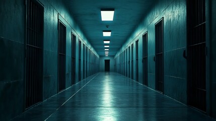 Desolate Prison Corridor with Metal Bars and Dim Lighting