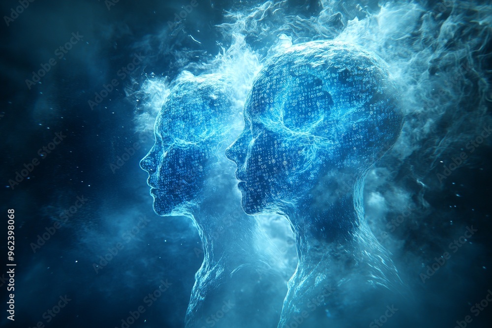 Aufkleber memory center neuro brain two ethereal figures facing each other in a blue mist symbolizing the conv