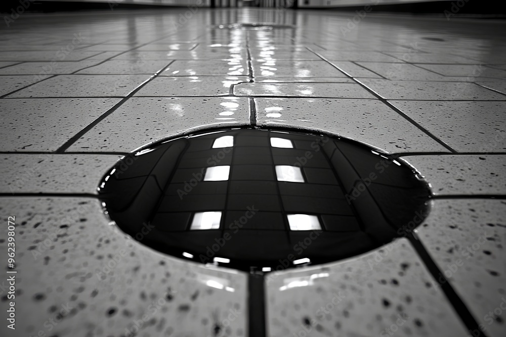 Poster mysterious black hole in tiled floor reflecting overhead lights in an indoor setting during the day.