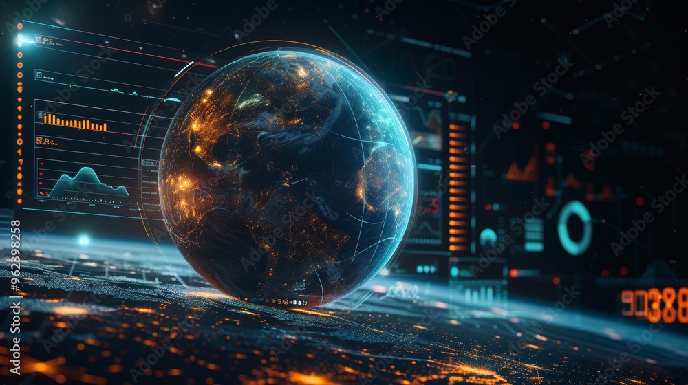 Poster a futuristic digital globe is surrounded by dynamic data visualizations and graphs. the vibrant colo