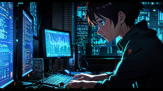 An anime hacker working on a holographic interface in a dark room.