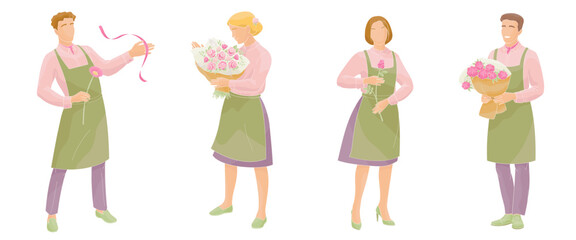 florists male and female characters, men and women with bouquet and flowers