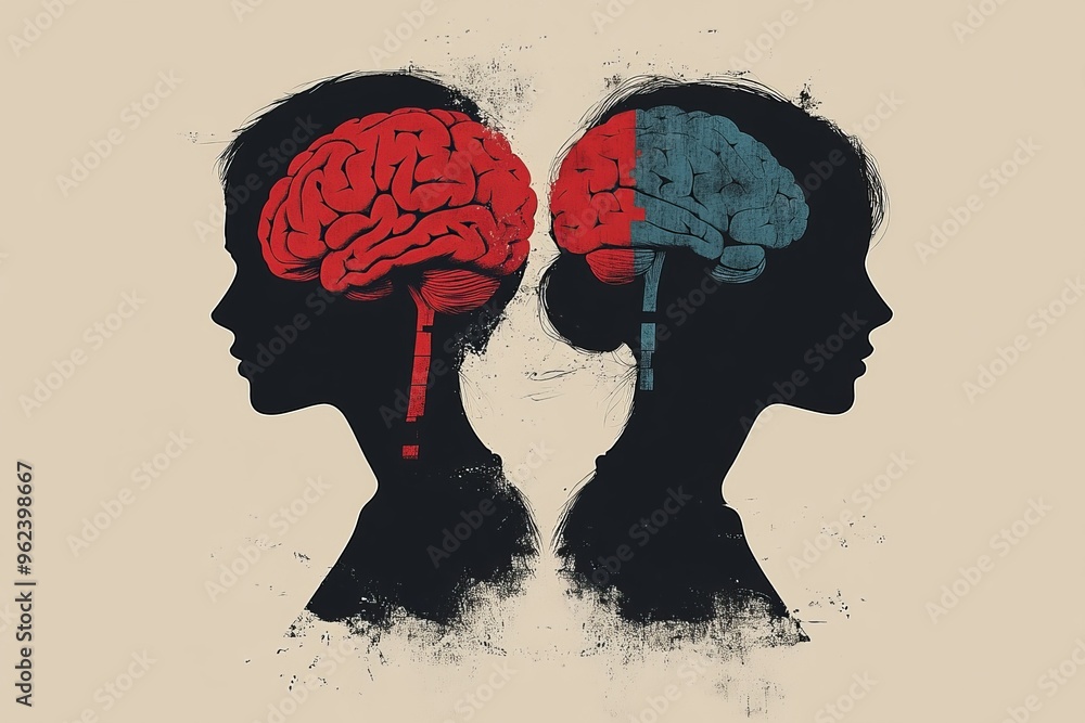 Aufkleber thought center neuro brain abstract profiles with red and black brain patterns symbolizing the duali
