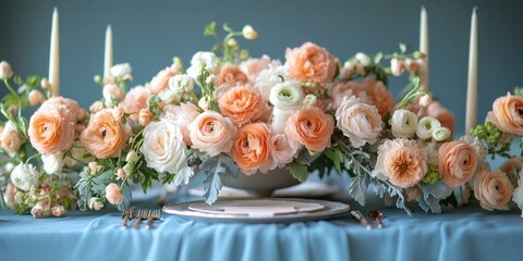 Peach and White Flower Centerpiece on a Blue Tablecloth