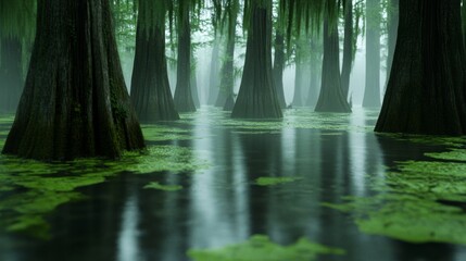 Fototapeta premium Mysterious Swamp with Towering Cypress Trees, enchanting waters reflecting the gnarled trunks and ethereal atmosphere, a serene yet captivating natural landscape.