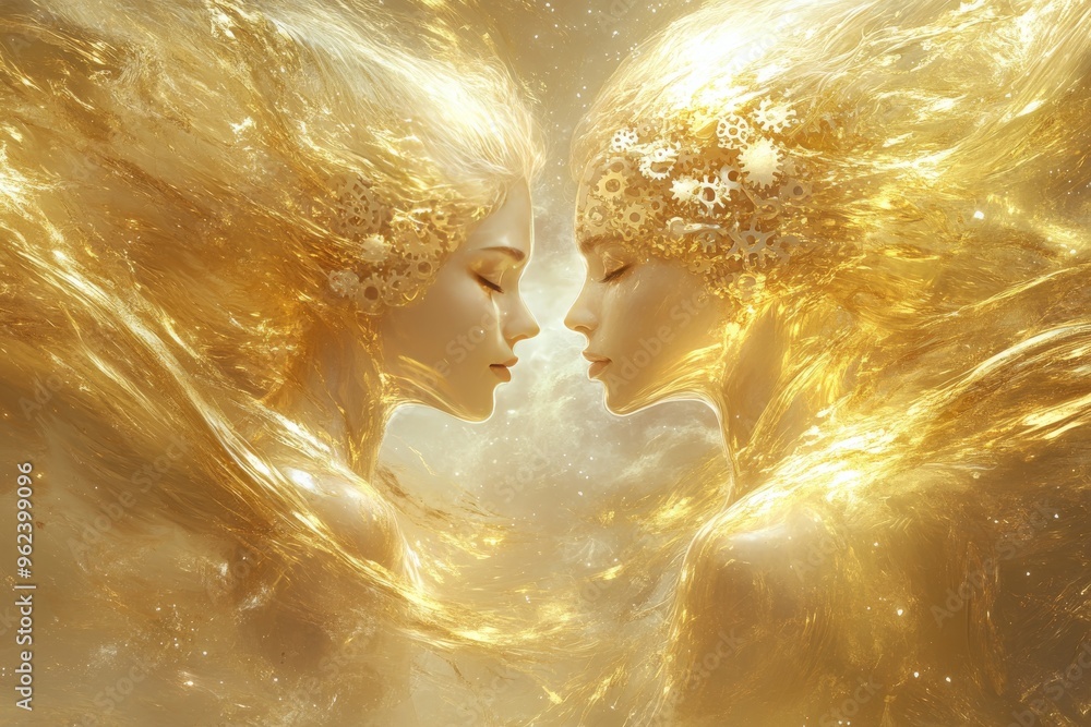 Poster cognitive hub neuro brain golden ethereal figures with glowing brains facing each other symbolizing 