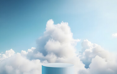 3D display podium blue background. White cloud with pedestal in the sky for beauty, cosmetic product presentation. 3d render, dreamy mockup. Natural, realistic cloudscape. Heaven concept
