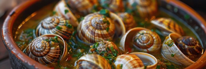 Close-up of snails prepared in a spicy sauce, showcasing a traditional dish.