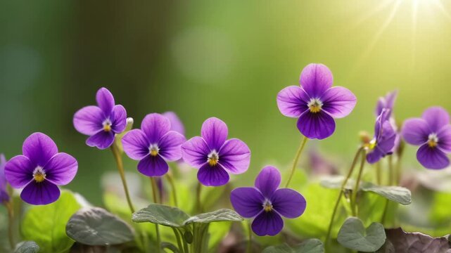 Wild violet  vibrant purple flowers in sunlight with green background and copy space