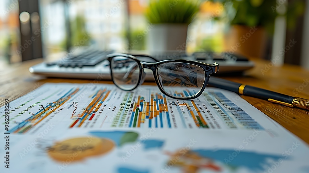 Poster a pair of eyeglasses sits on a table with graphs, a pen, and a keyboard out of focus in the backgrou