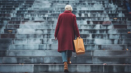 Fototapeta premium Senior woman with grocery bag walking on steps