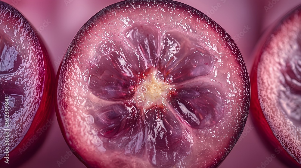 Poster macro close-up of a halved red grape with a pink background.