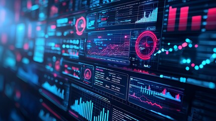 Fototapeta premium Close-up of a computer screen displaying a variety of data visualizations, including charts, graphs, and numerical data.