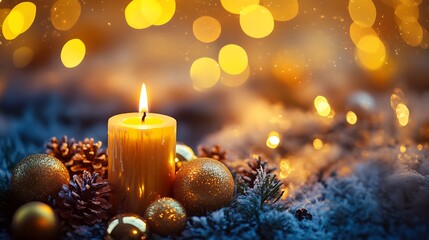 Burning Candle in Christmas Decor