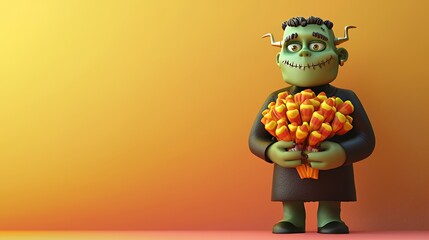 A friendly cartoon Frankenstein monster holding a bouquet of candy corn on a yellow background.