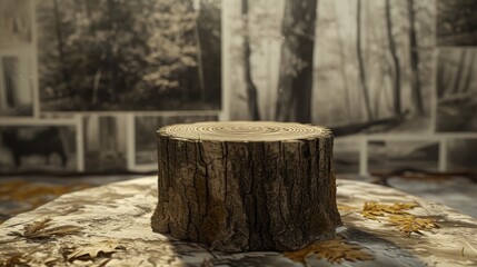 Naklejka premium Close-up view of a tree stump, with a blurred forest background. This image highlights the detailed texture of the stump, set against a backdrop that signifies past natural beauty and current